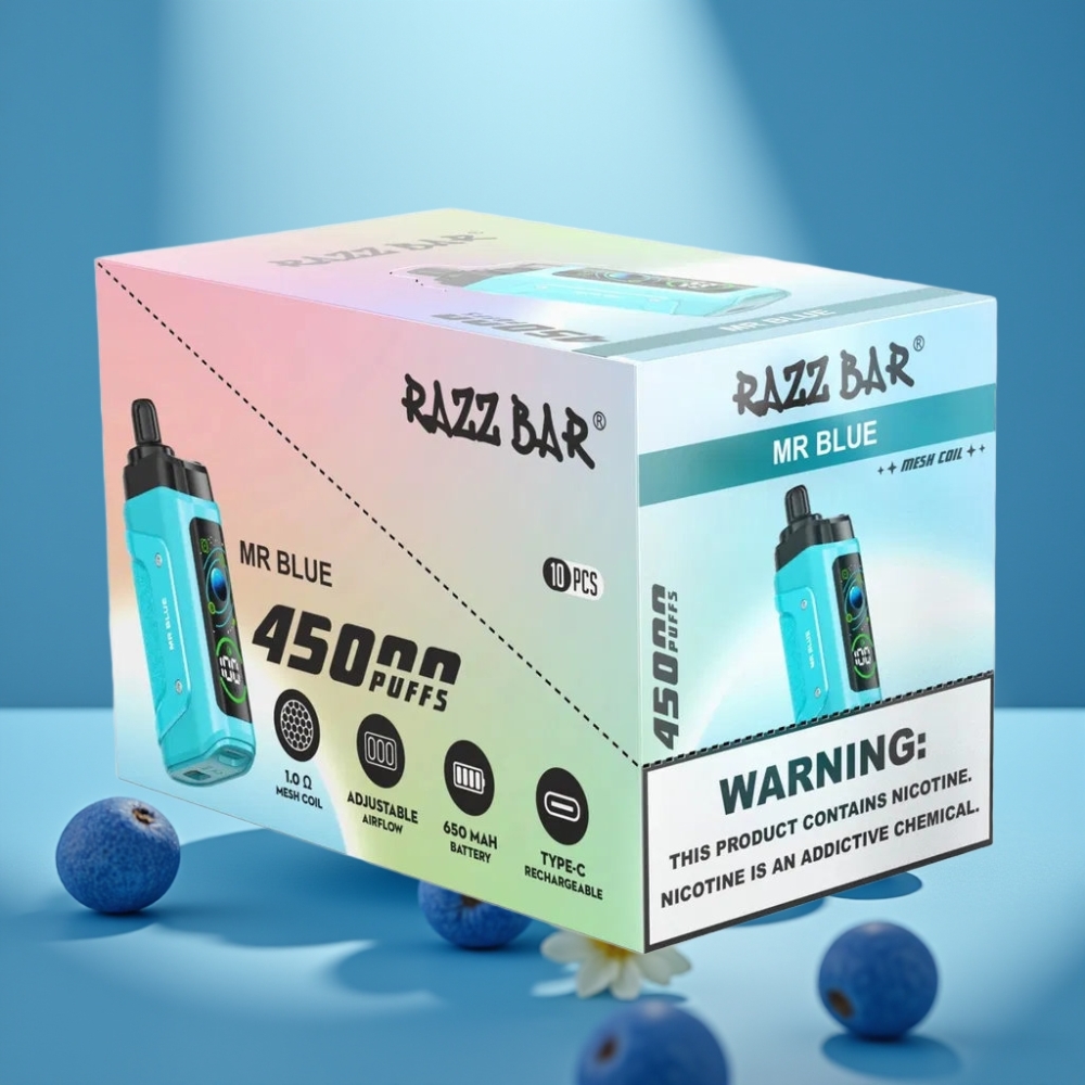 Razz Bar 45000 Puffów Jednorazowy Vape Mr Blue z Wymiennym Powietrzem i Typem-C