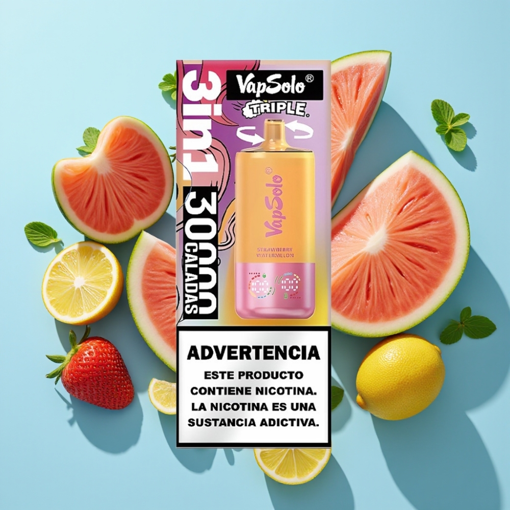 VapSolo Triple 30000 Puffs 40ml 3 Zasobniki Type-C Truskawka Arbuz & Lemon Brzoskwinia